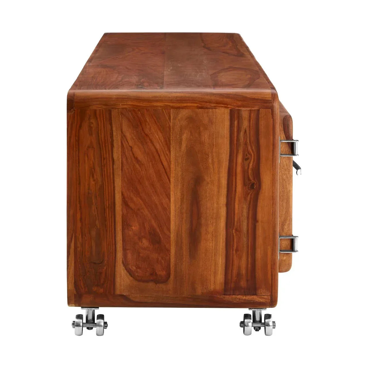 Side view of wooden dining table with castor wheels and visible metal brackets