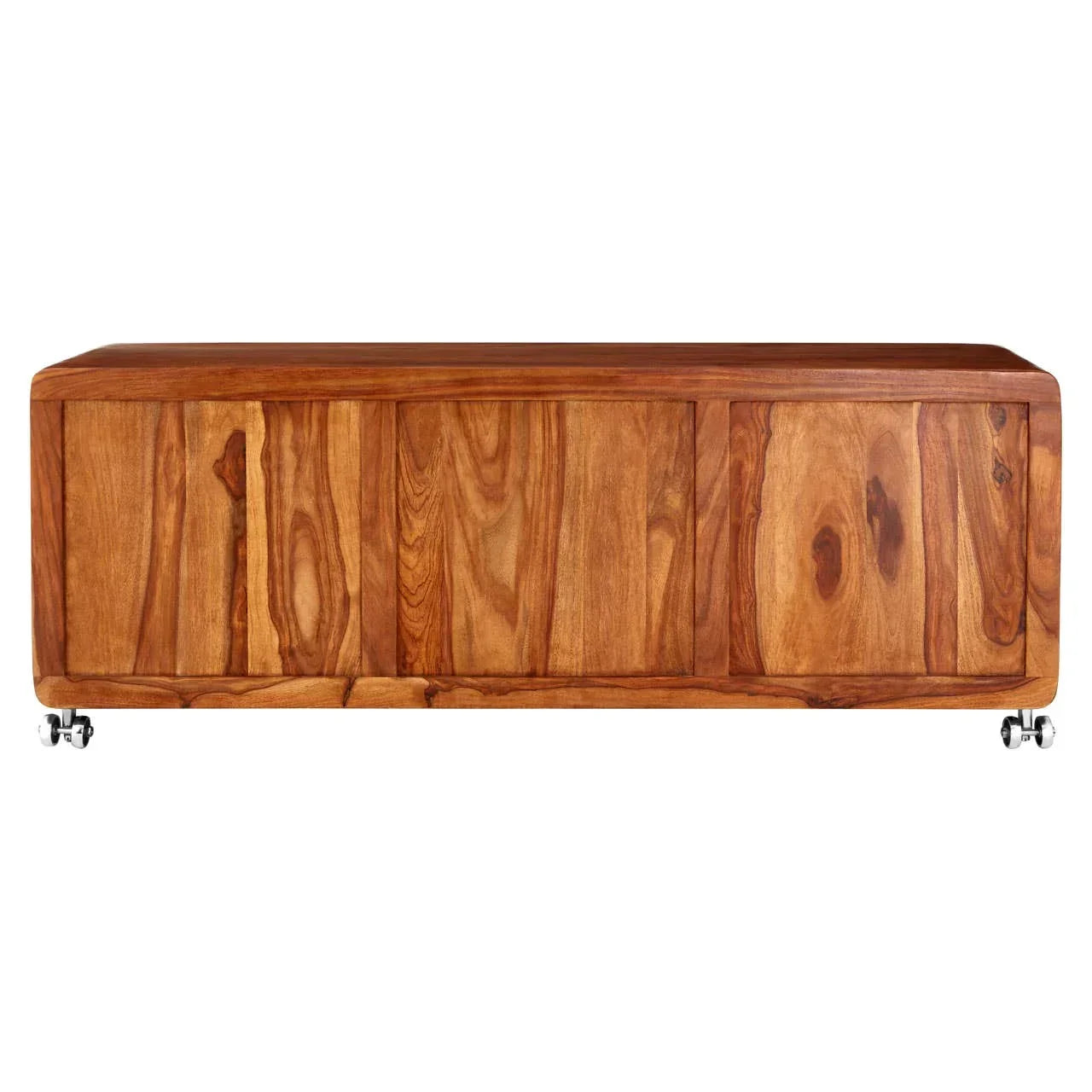 Solid wood storage cabinet with natural grain and caster wheels front view