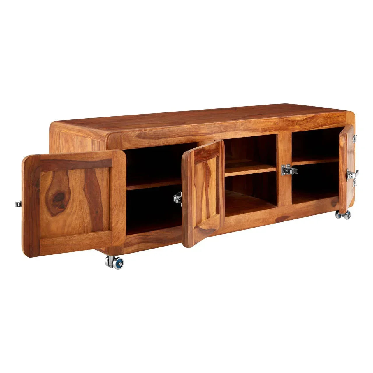 Solid wood TV unit with three open cabinet doors and shelving on metal castor wheels