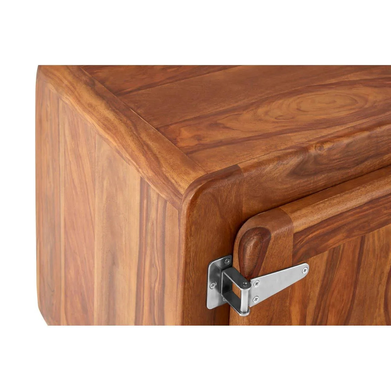 Solid wood sideboard corner with visible wood grain and metal hinge detail