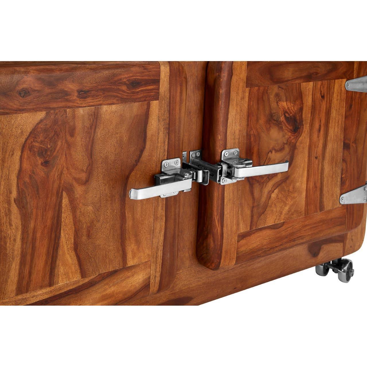 Sheesham wood sideboard cabinet doors with chrome handles and hinges close-up