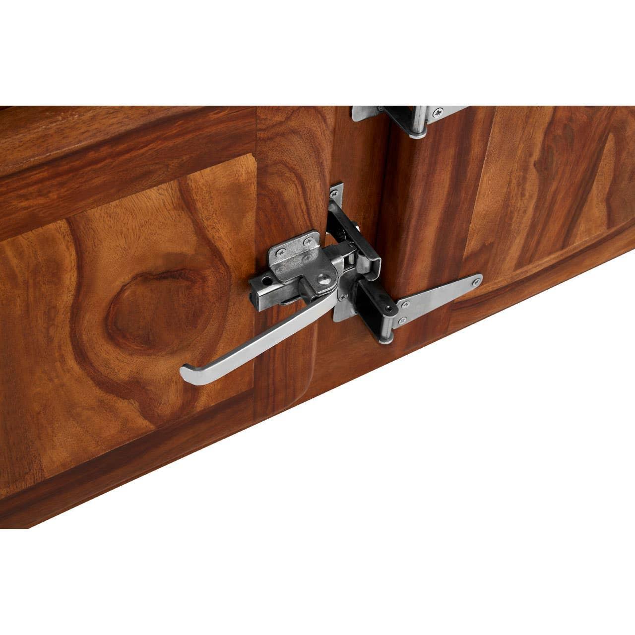 Closeup of wooden cabinet door with metal latch handle and secure locking mechanism
