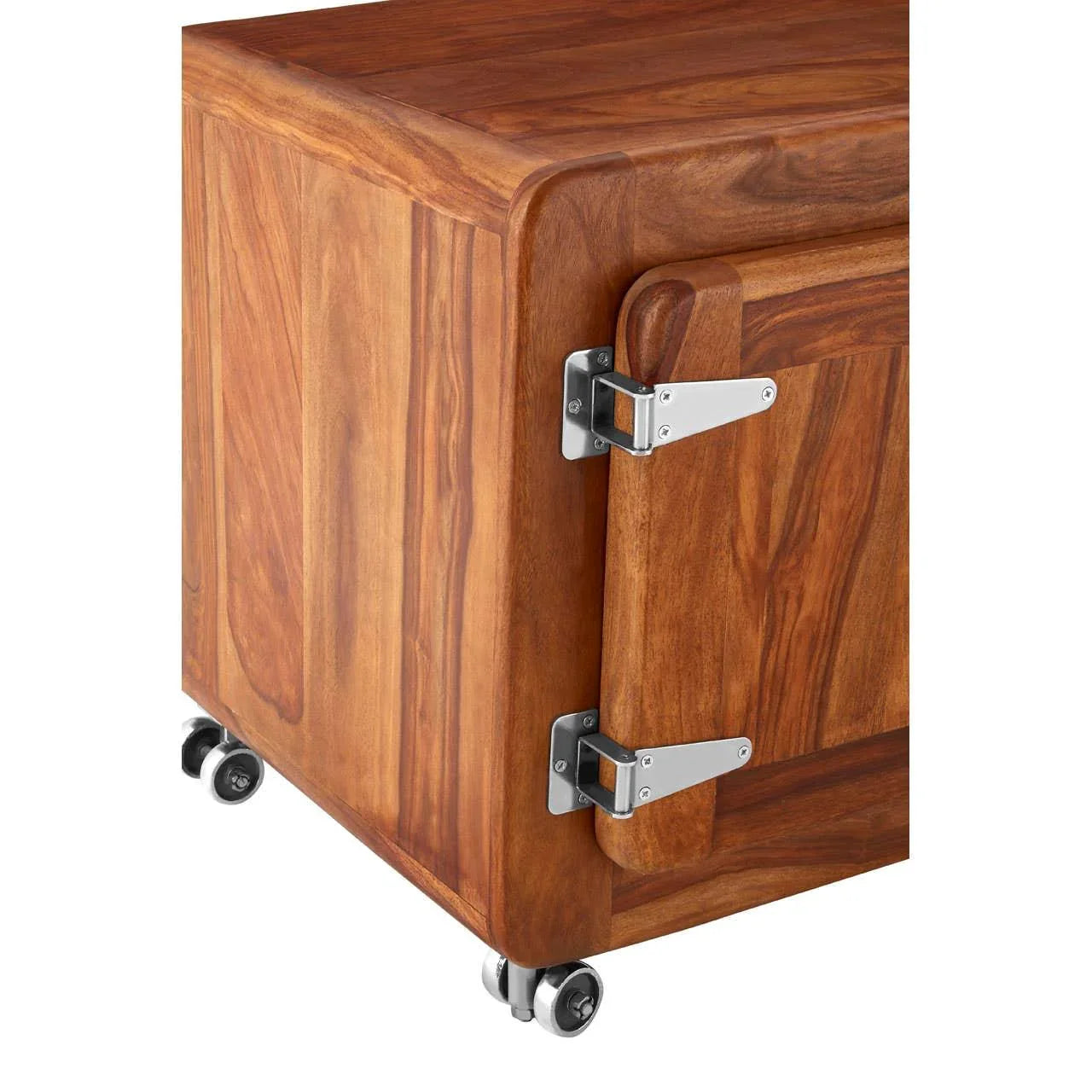 Wooden storage cabinet on wheels with metal hinges and corner detail