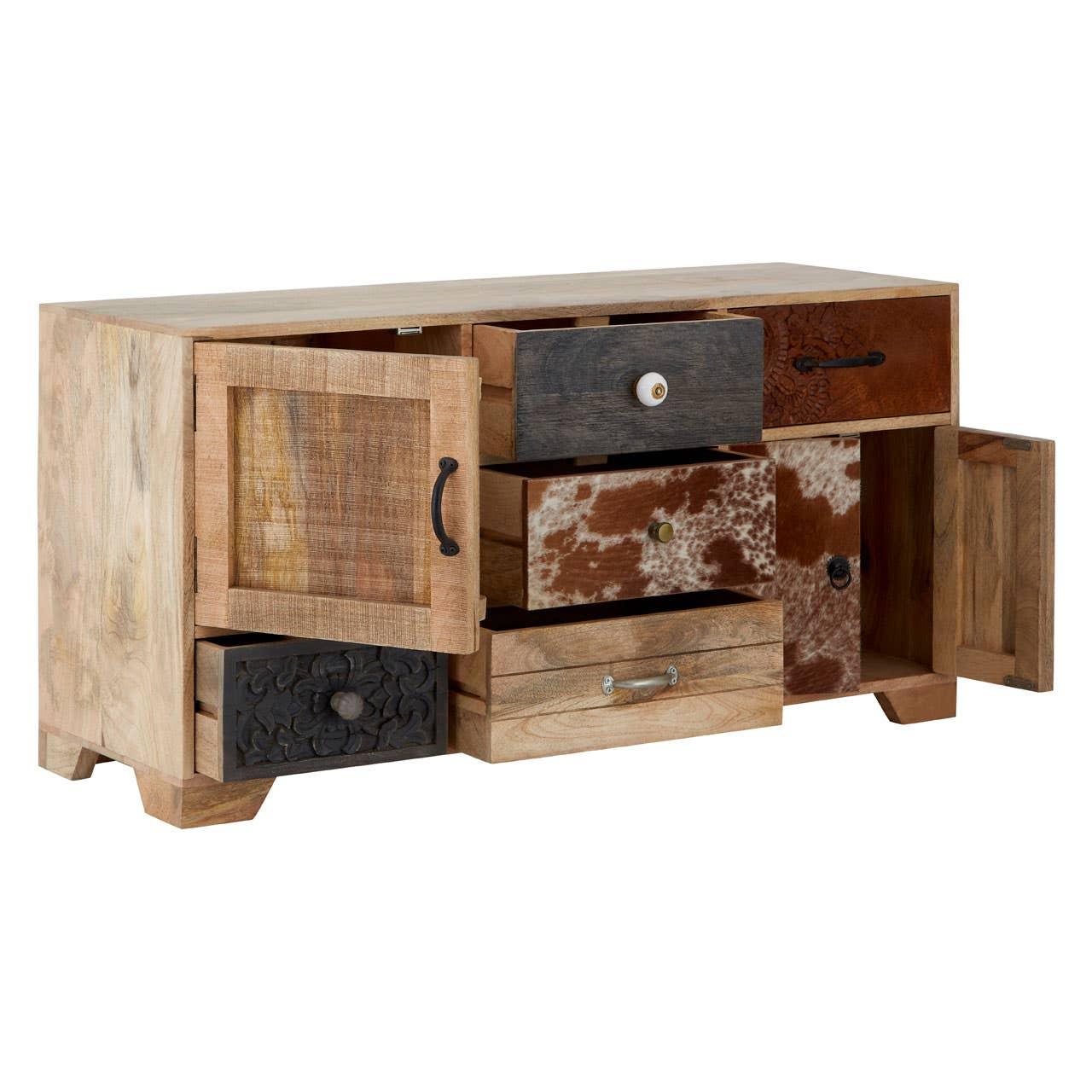 Eclectic Cowhide and Carved Wood Sideboard