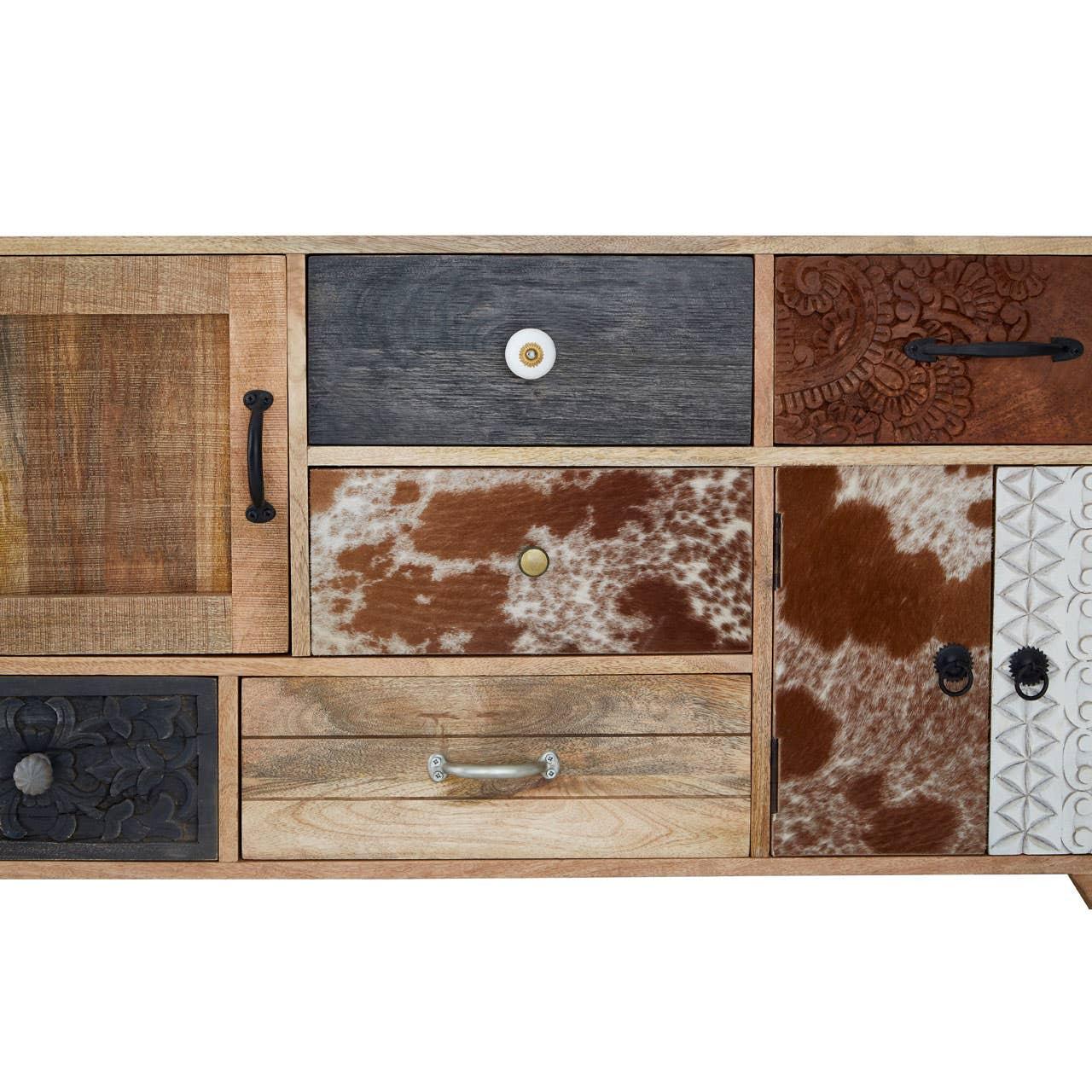 Eclectic Cowhide and Carved Wood Sideboard