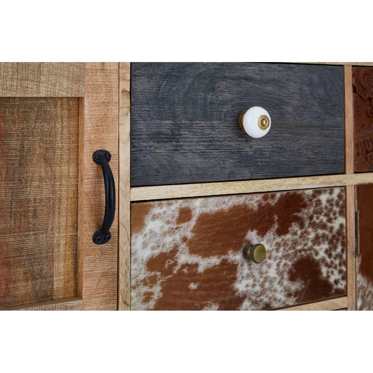 Eclectic Cowhide and Carved Wood Sideboard