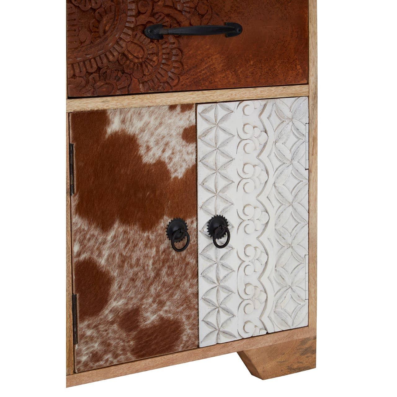 Eclectic Cowhide and Carved Wood Sideboard