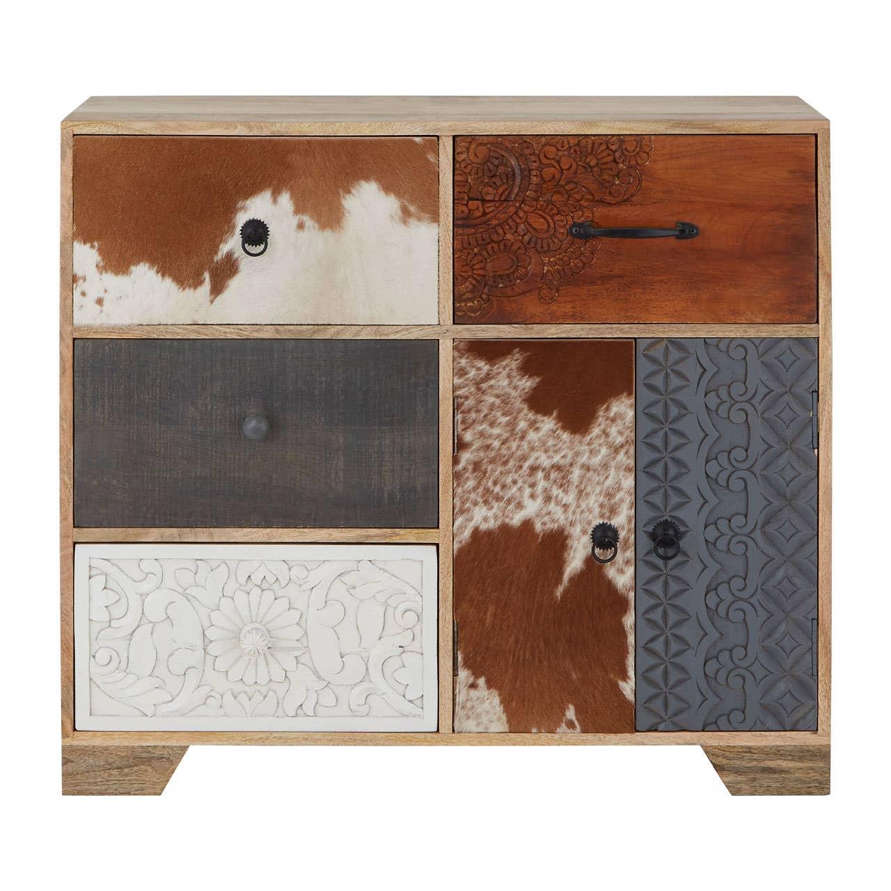 Wooden sideboard with mixed drawers featuring carved, grey, and cowhide patterns