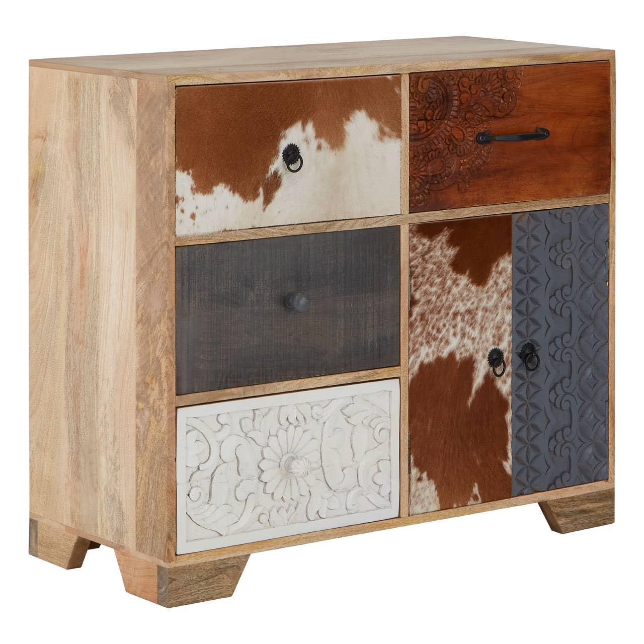 Mango wood chest of drawers with carved, grey, white, and cowhide front panels
