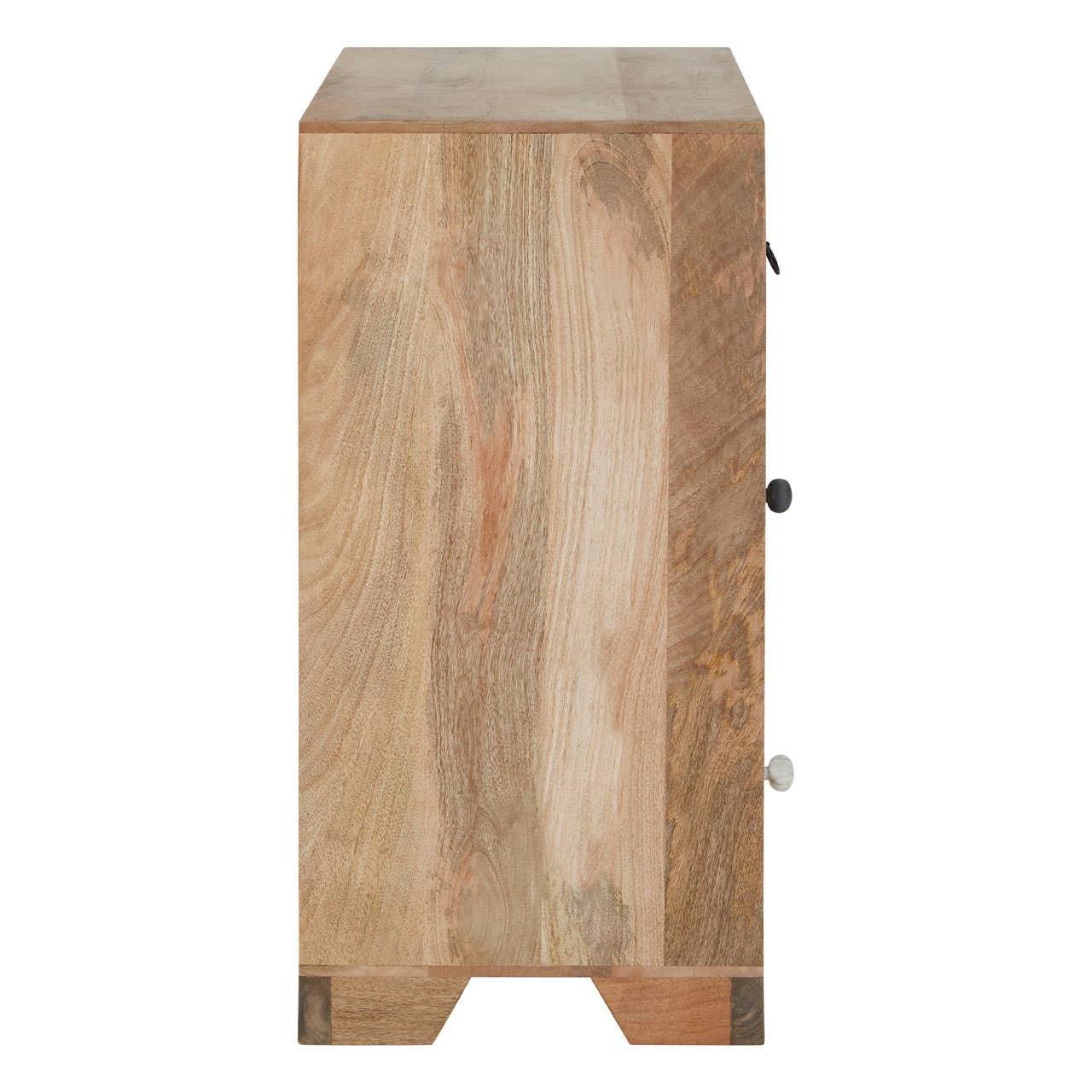 Side view of natural wood cabinet with visible grain and three drawer handles