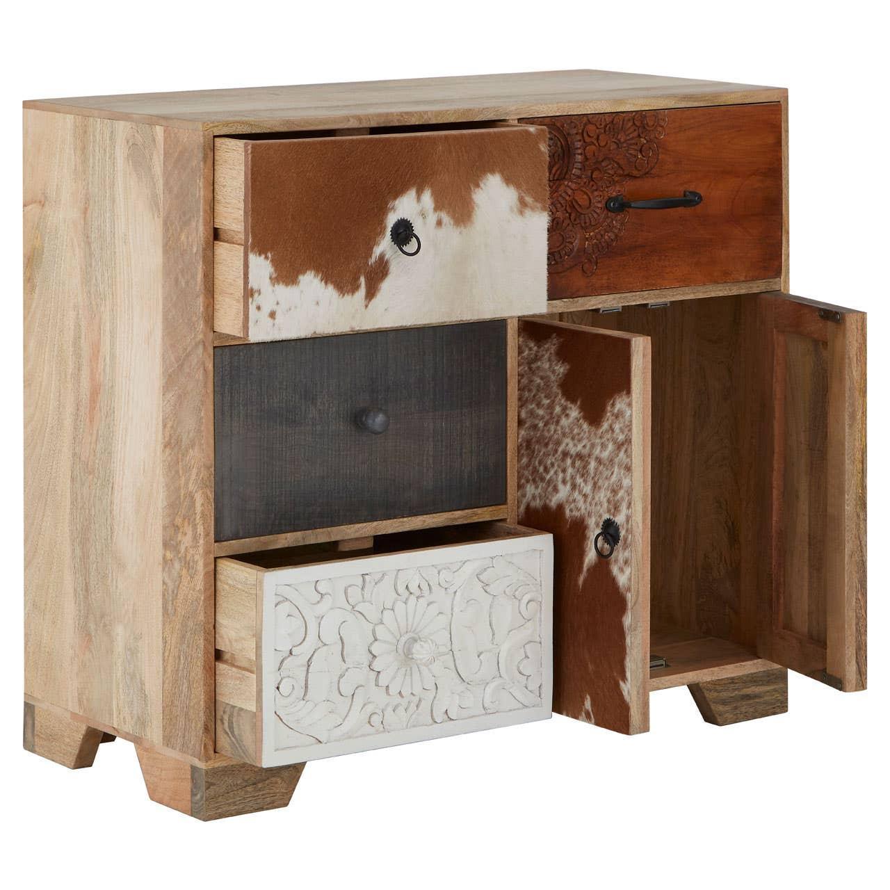 Mango wood sideboard with mixed drawers, cowhide panels, carved detail, and cabinet doors