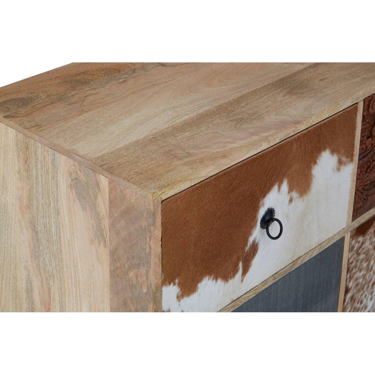Mango wood chest of drawers with cowhide front panel and metal handle, close-up angle