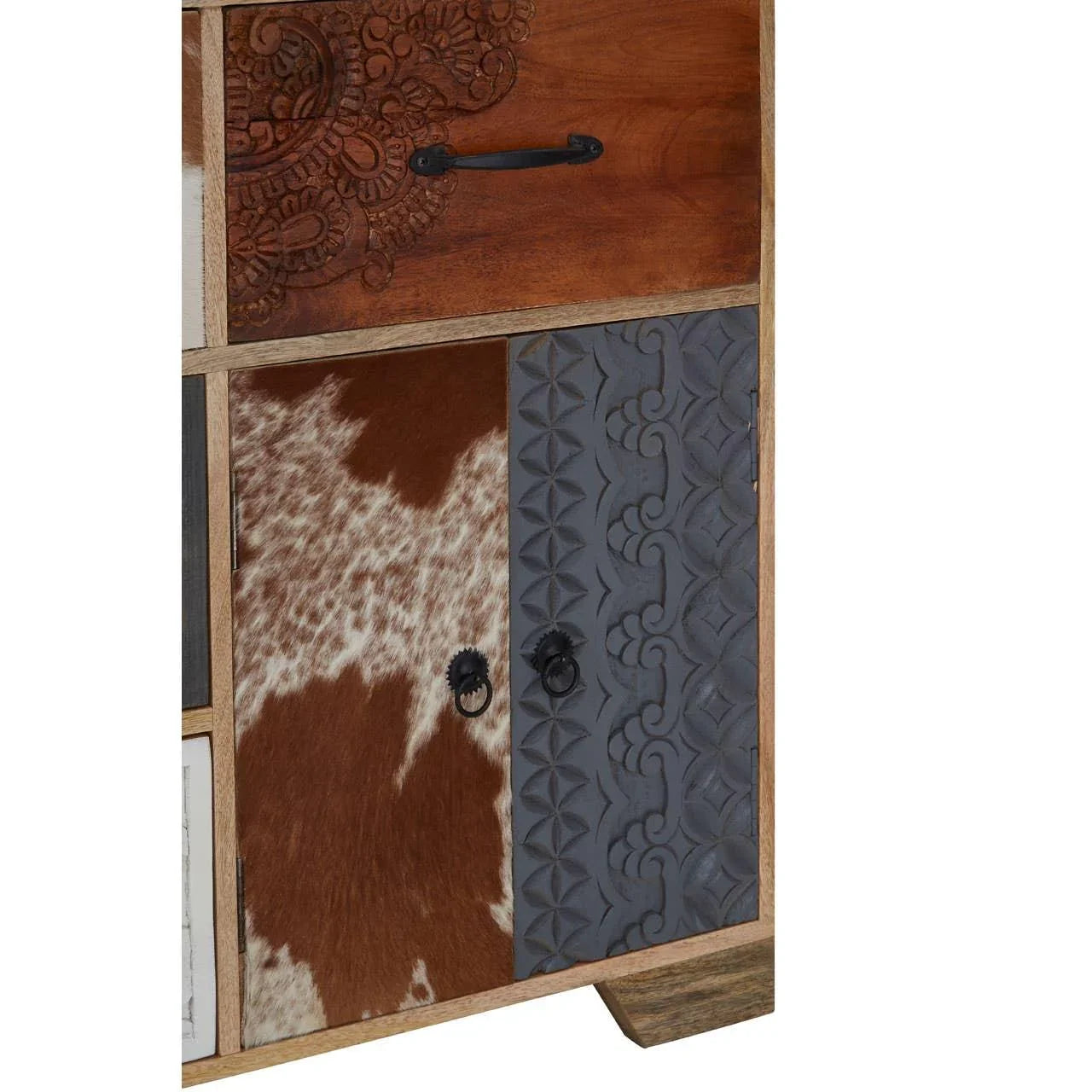 Wooden cabinet close up with embossed grey door and cowhide door panel