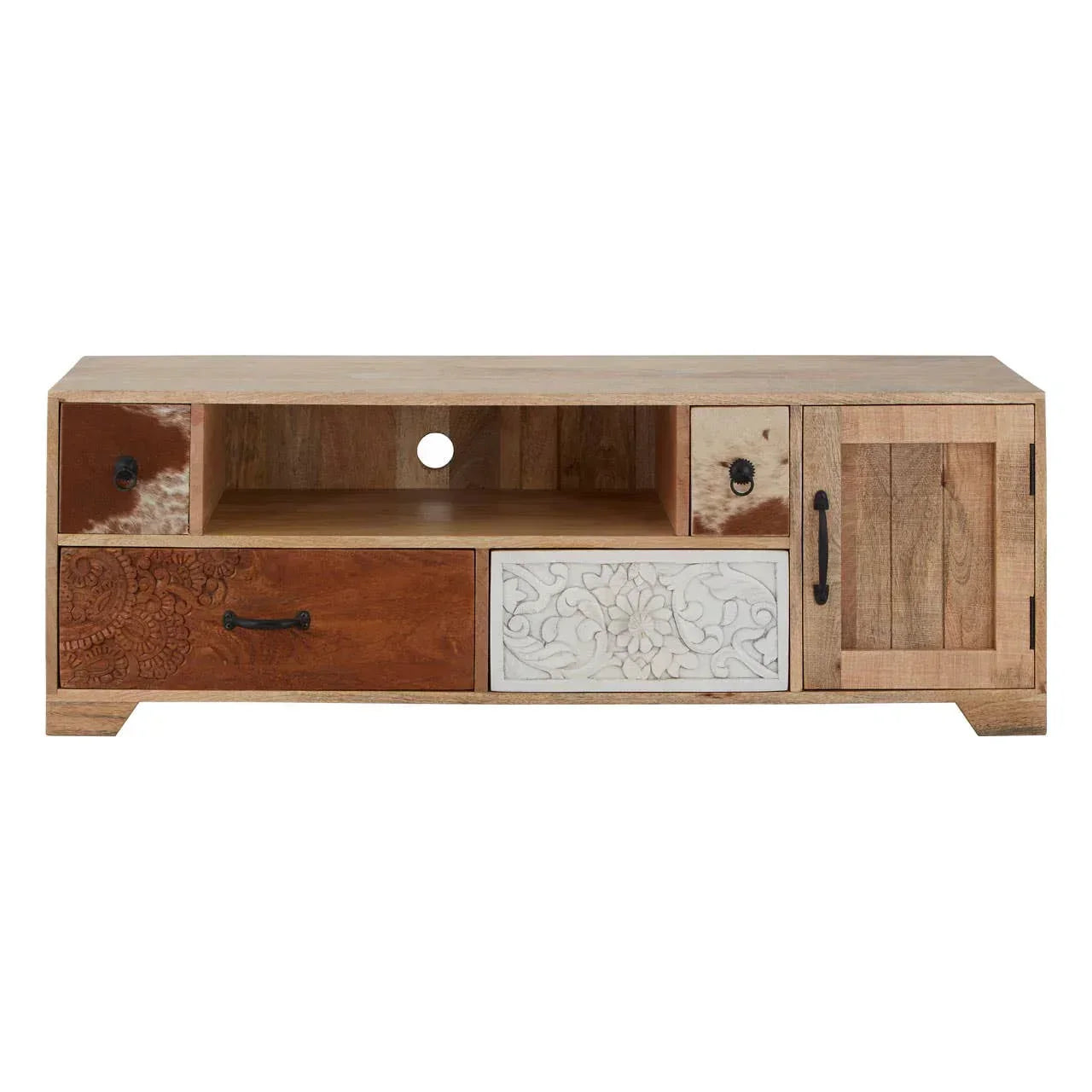Mango wood TV unit with carved drawers, open shelf, metal handles, and patterned door