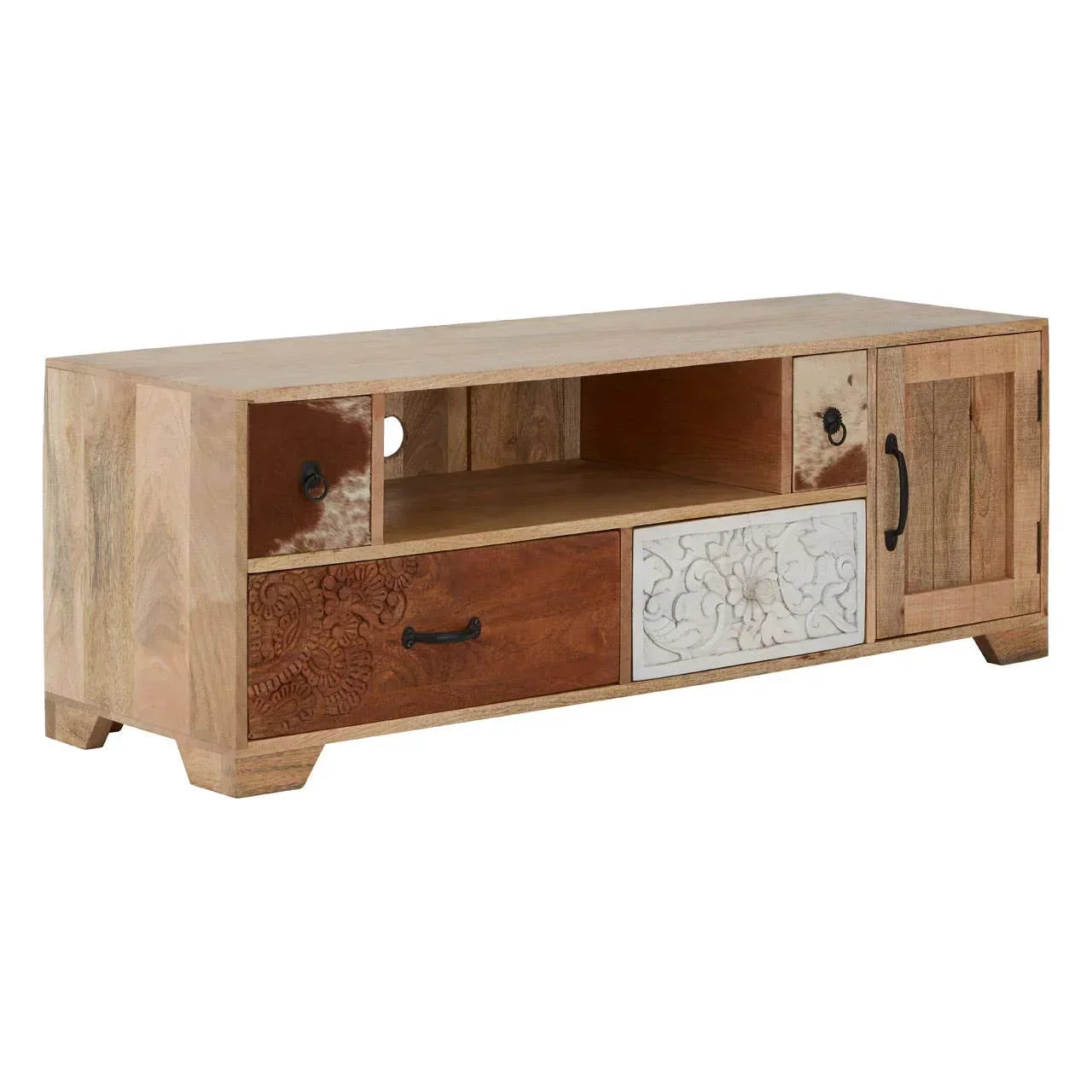 Wooden TV unit with carved drawers, open shelf, and cabinet in mixed natural tones