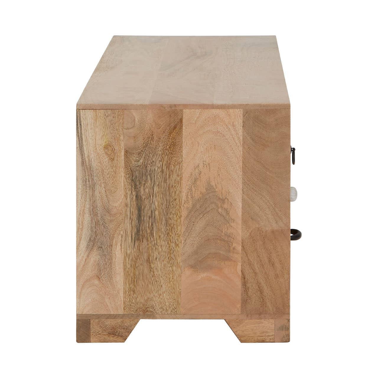 Side view of natural wood sideboard with visible grain and minimalist block feet