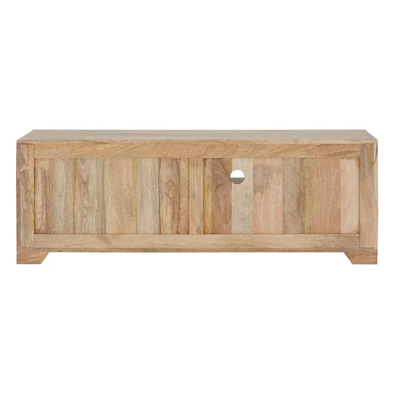 Natural wood TV stand with sliding doors and cable management hole, front facing view