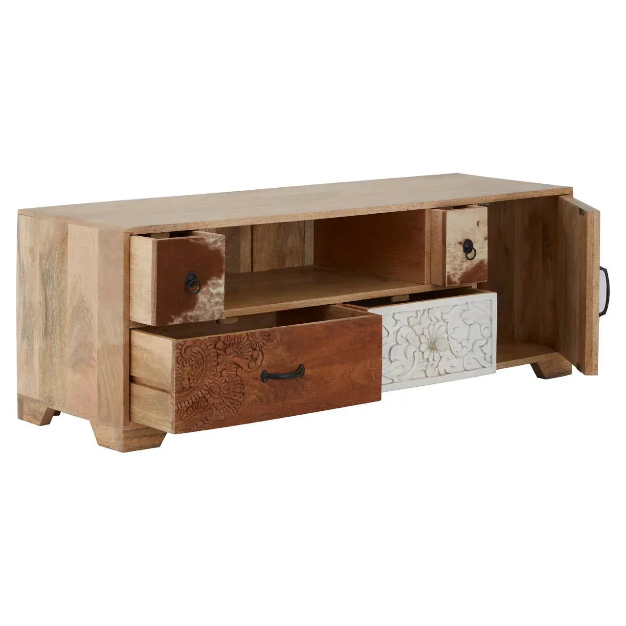 Mango wood TV unit with mixed carved drawers and open shelf, doors open to show storage