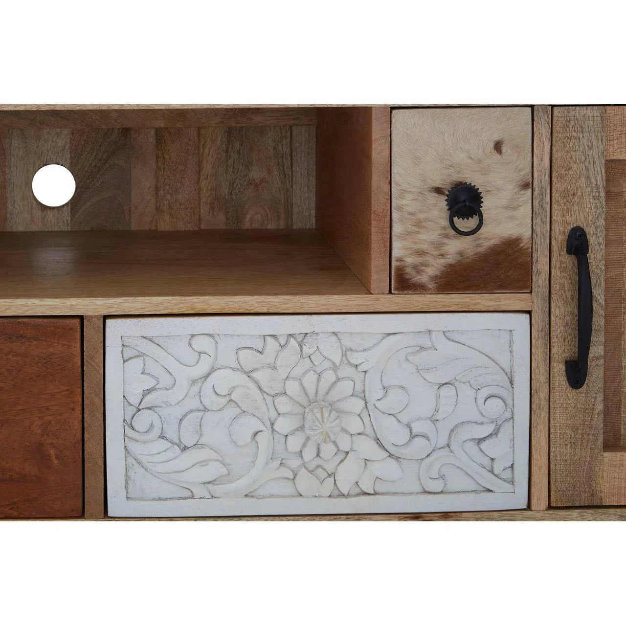 Wooden sideboard with carved white floral drawer, open shelf, and rustic metal handles