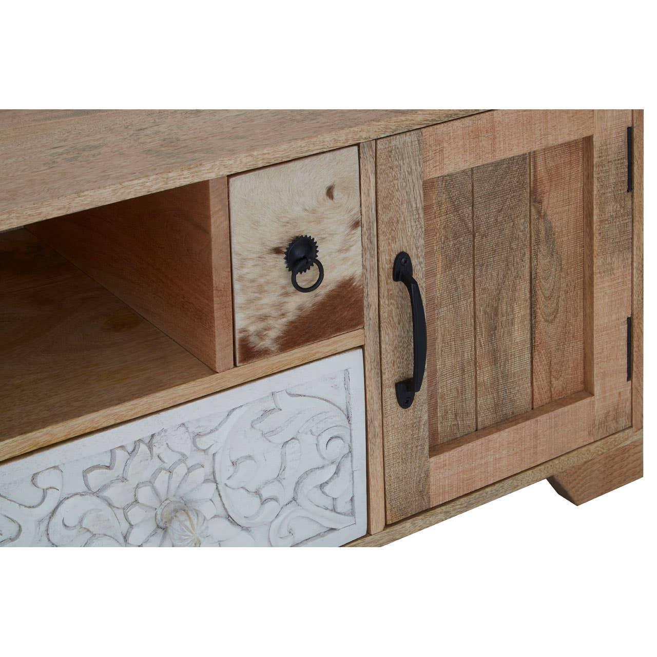 Wooden sideboard cabinet with cowhide drawer, metal handles, and carved floral detail