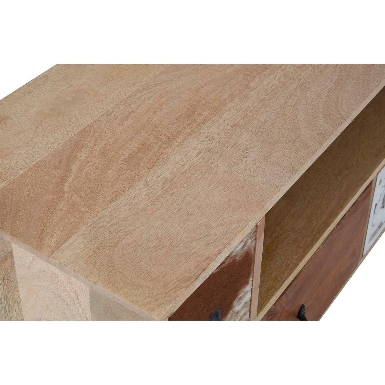 Close view of wooden sideboard top with light natural finish and visible wood grain