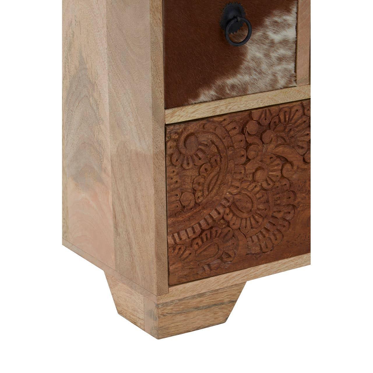 Wooden furniture leg with carved floral drawer and brown cowhide accent drawer