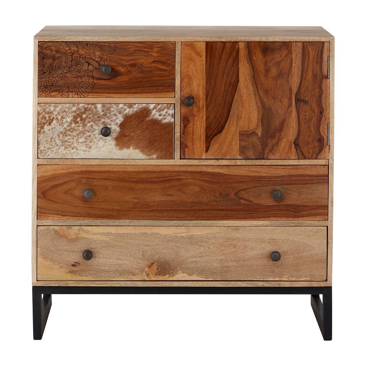 Rustic wooden chest of drawers with mixed wood finishes and black metal legs