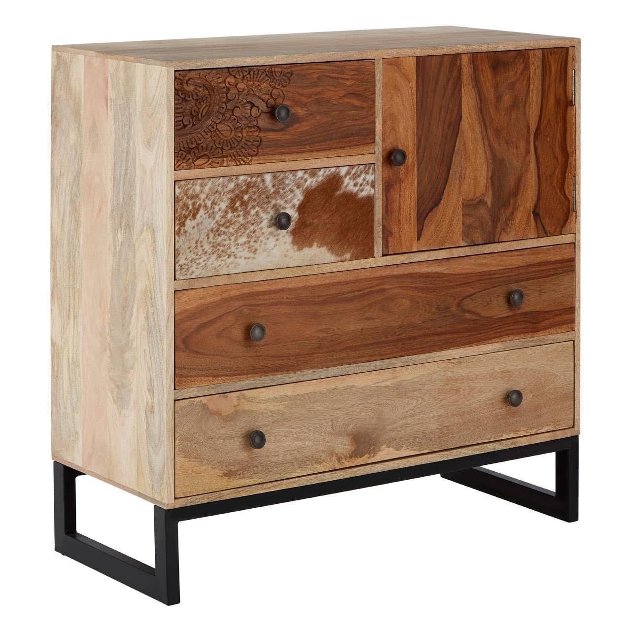 Rustic wooden chest of drawers with mixed front panels and black metal legs