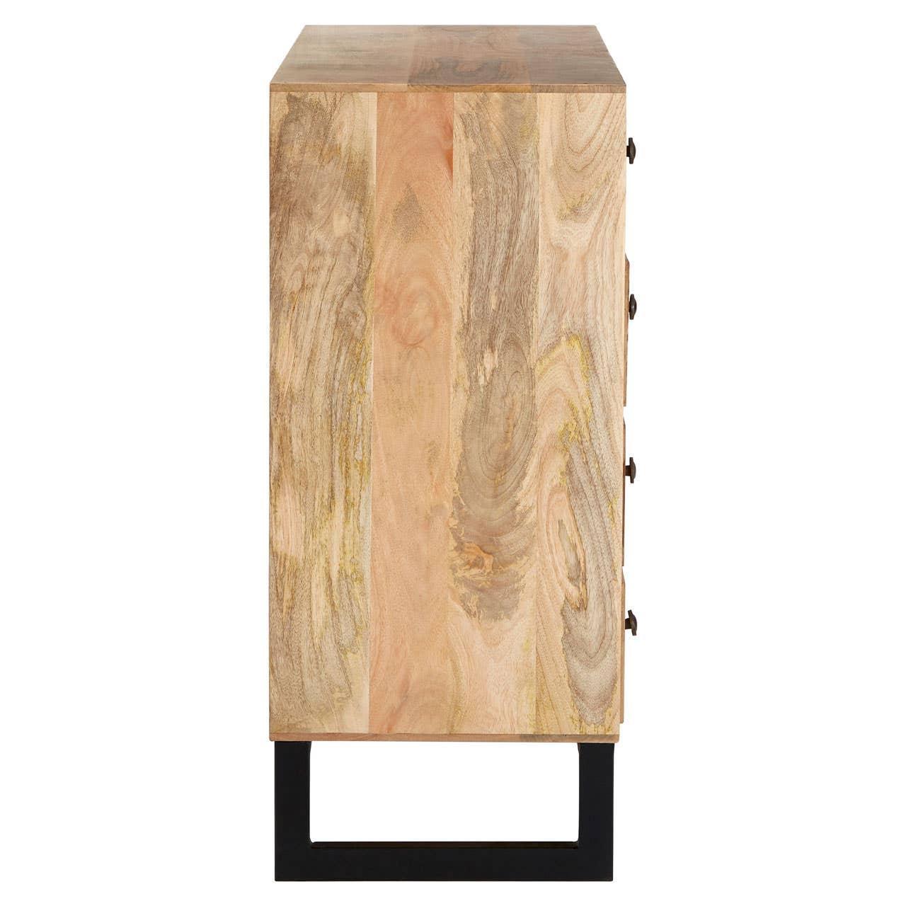 Side view of wooden chest of drawers with natural finish and black metal legs