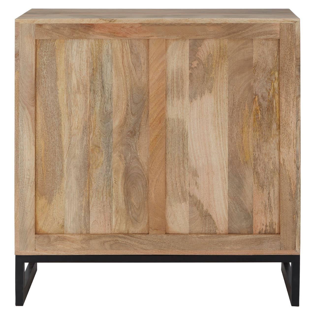 Light wood sideboard with natural grain and black metal legs, front view