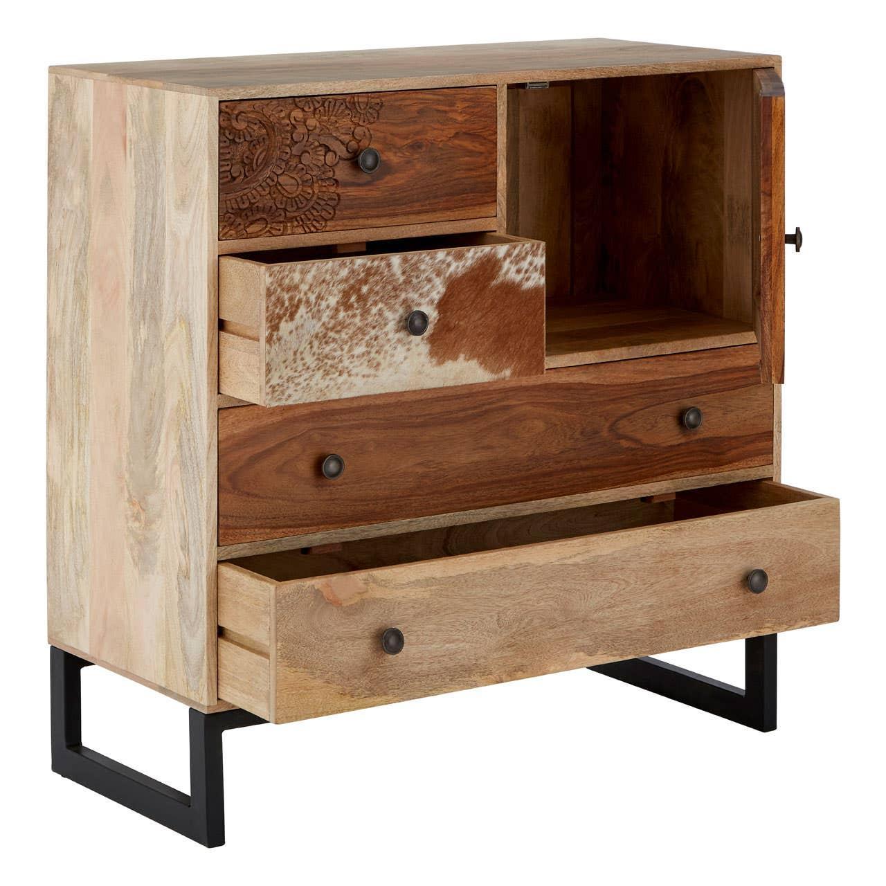 Wooden chest of drawers with mixed textures, carved detail, cowhide accent and black legs