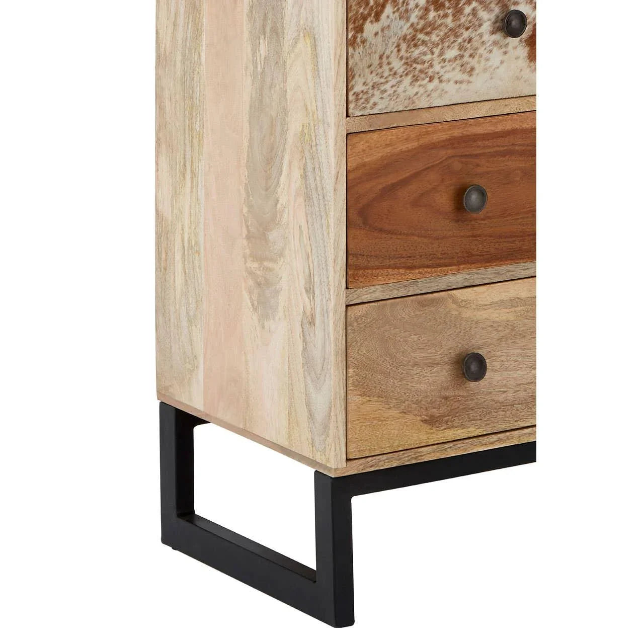 Three drawer wooden chest with cowhide detail and black metal legs