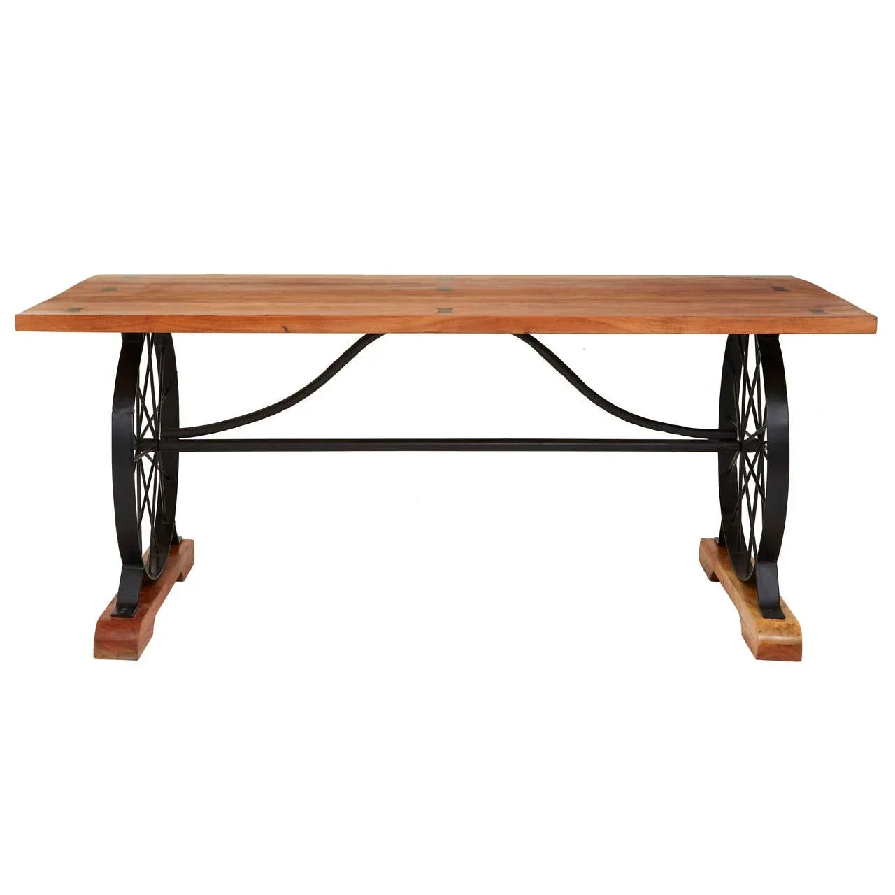 Industrial dining table with solid wood top and black metal wheel-style legs