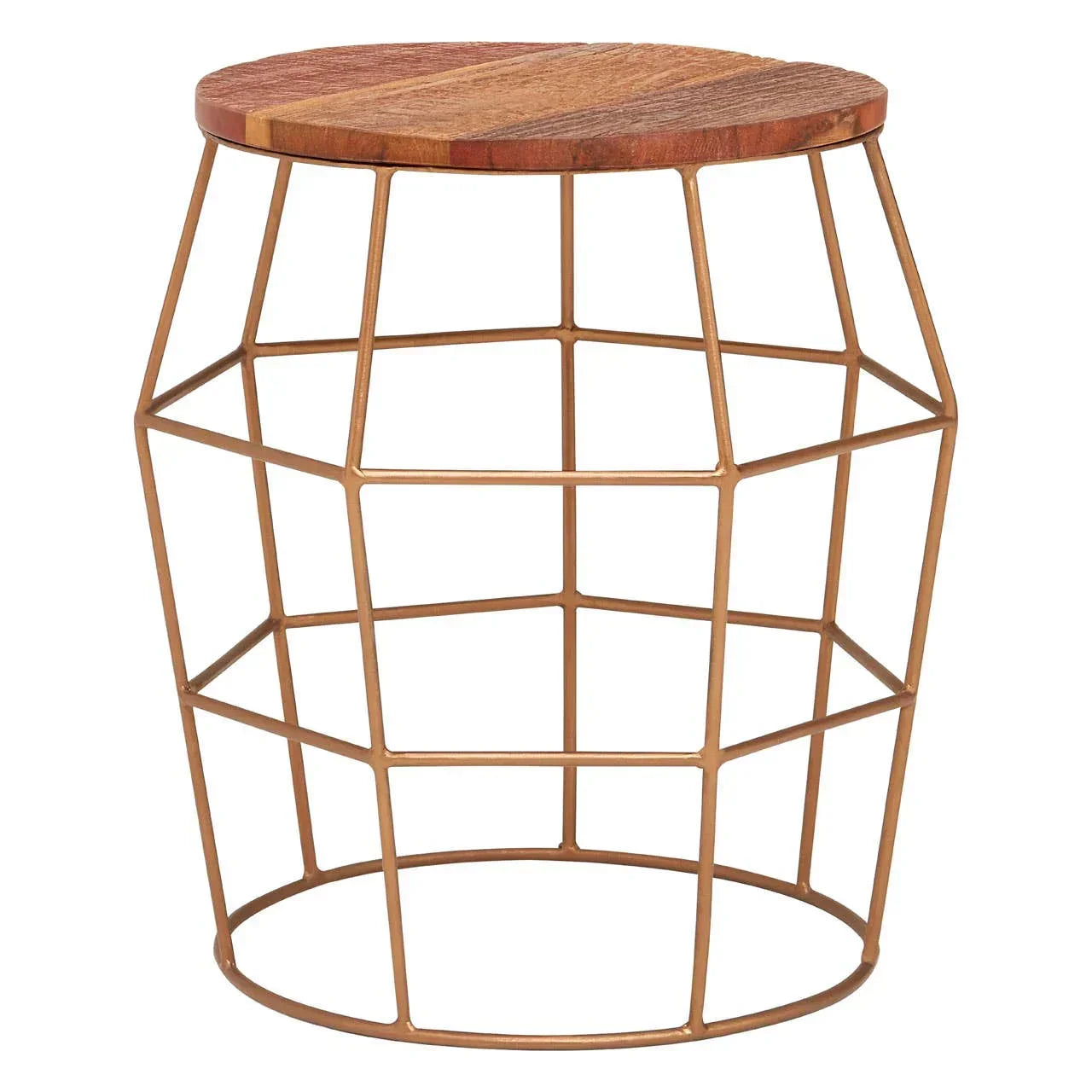Round wooden top side table with geometric gold metal base