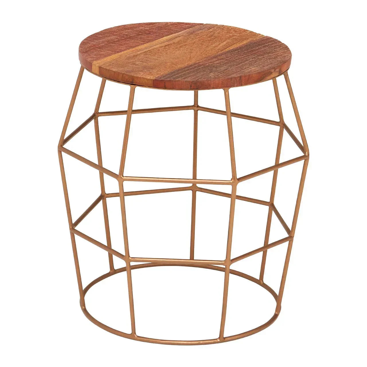 Round wooden side table with geometric gold metal base, modern accent furniture piece