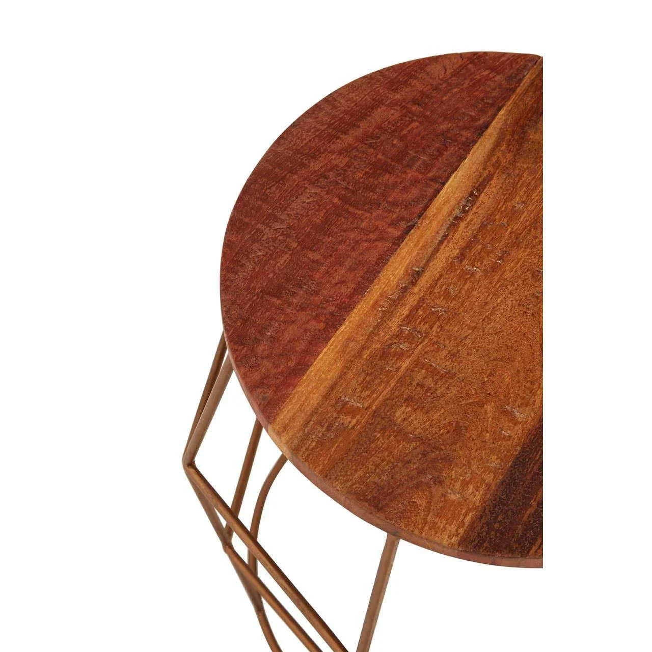 Round wooden side table with natural finish and metal geometric legs, top view