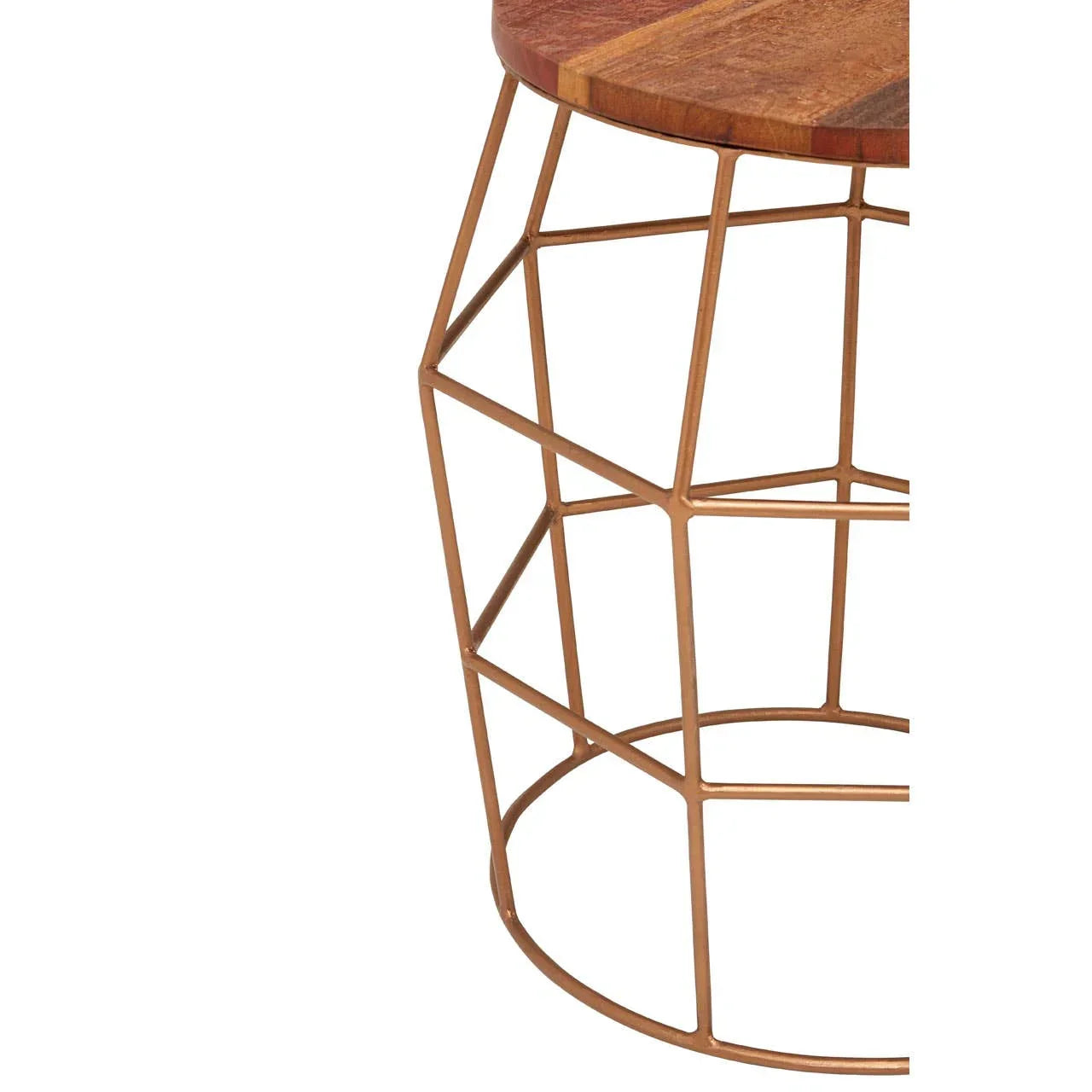 Round wooden side table with geometric gold metal base, partial close-up view