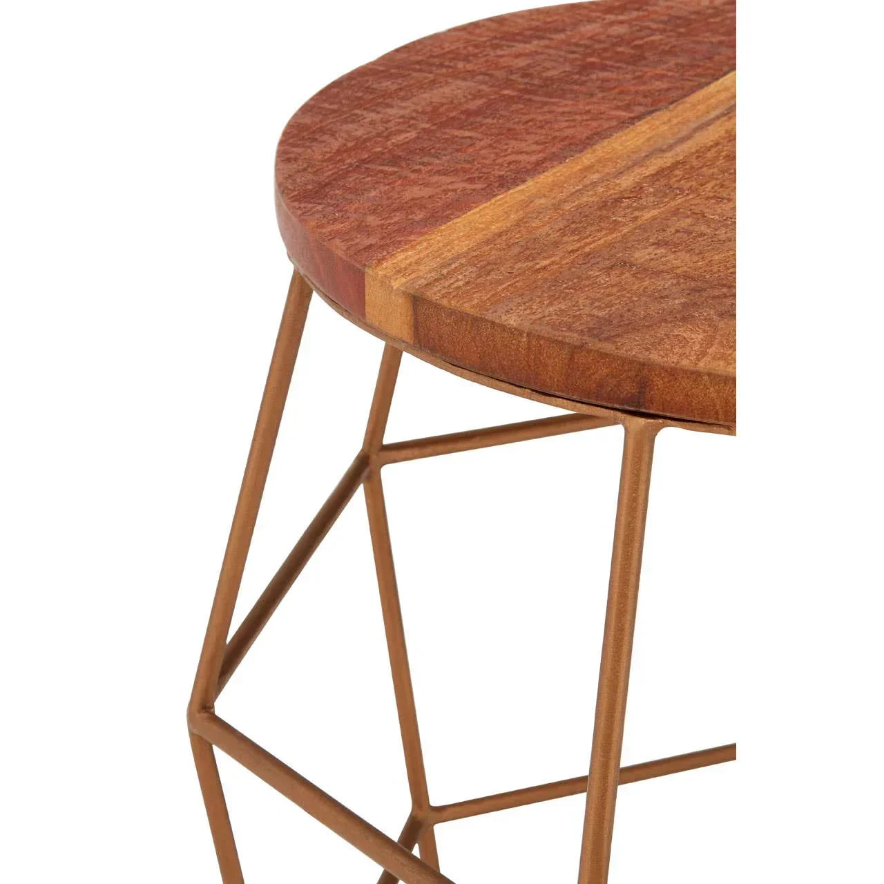 Round wooden side table with metal geometric base, close view of tabletop and legs