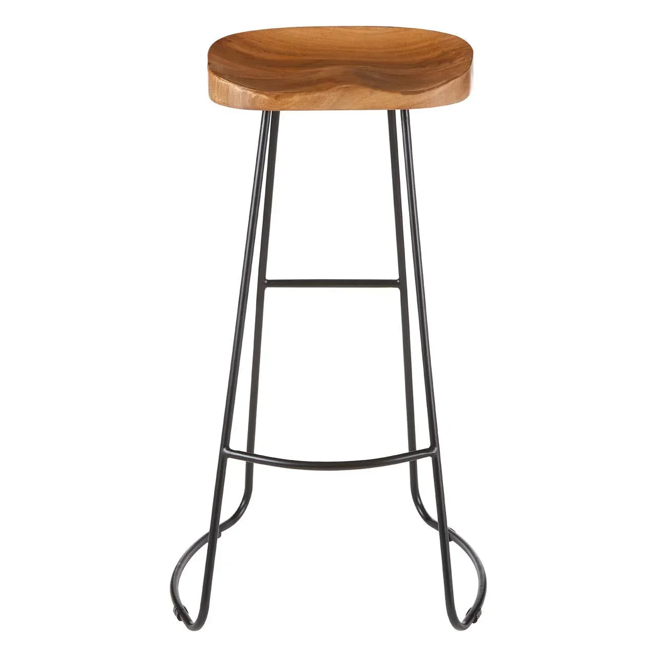 Wooden bar stool with black metal frame and curved seat on white background