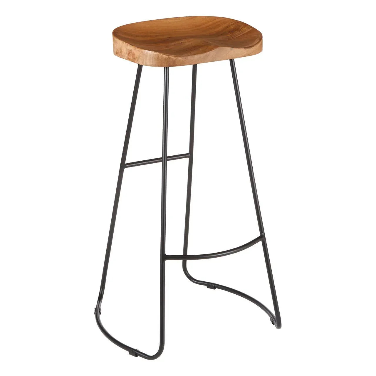 Wood bar stool with black metal frame and contoured seat, shown on white background