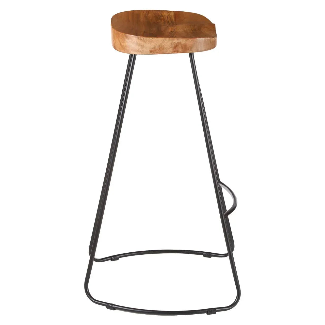 Wood bar stool with curved seat and black metal legs, front angle view