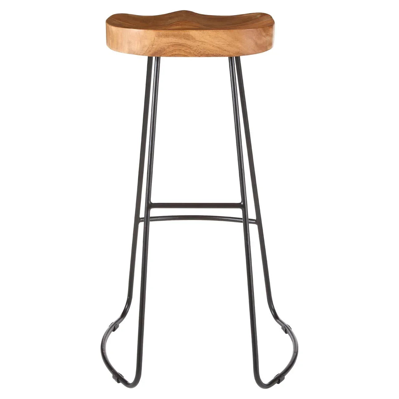 Wooden bar stool with metal legs and contoured seat, front view