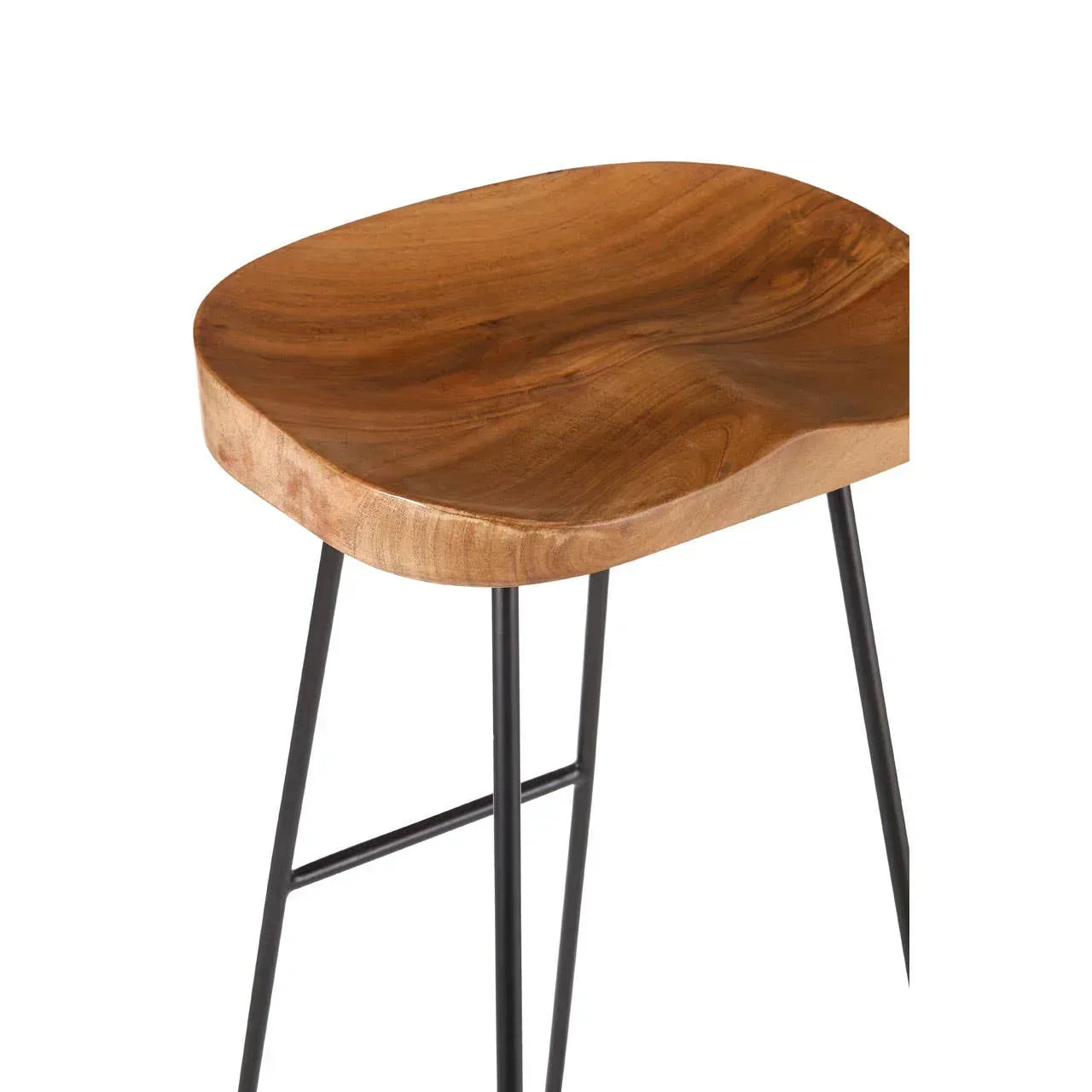 Acacia wood bar stool with black metal legs, close up of seat and frame