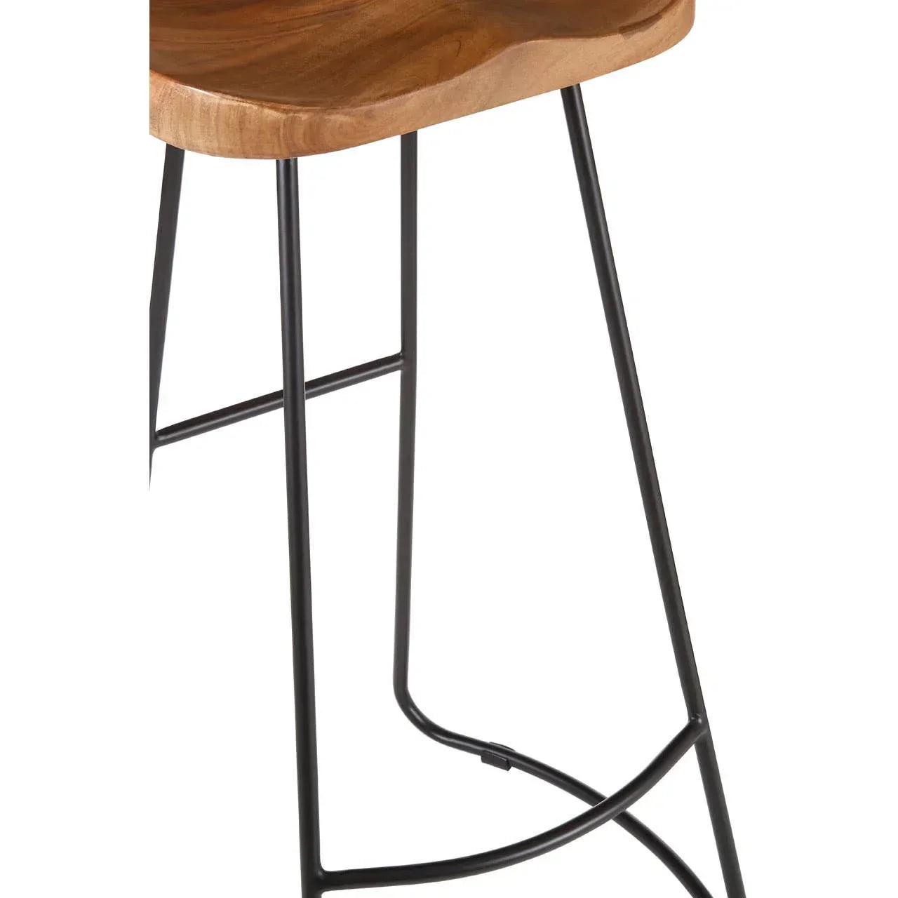 Wood bar stool with curved seat and black metal legs, close-up view of base and seat