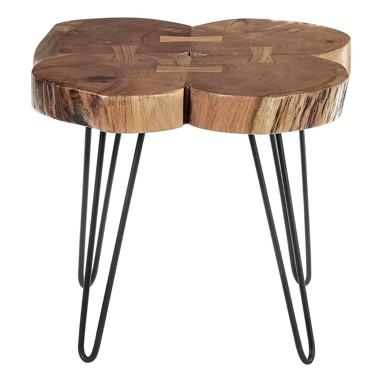 Rustic wood side table with live edge top and black metal hairpin legs
