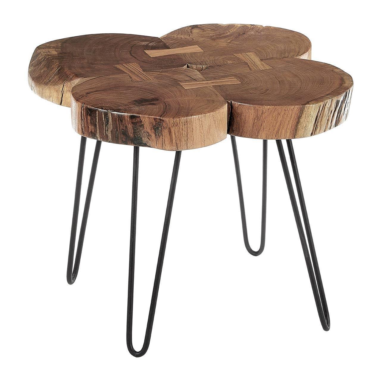 Round acacia wood side table with black metal hairpin legs and natural edge finish