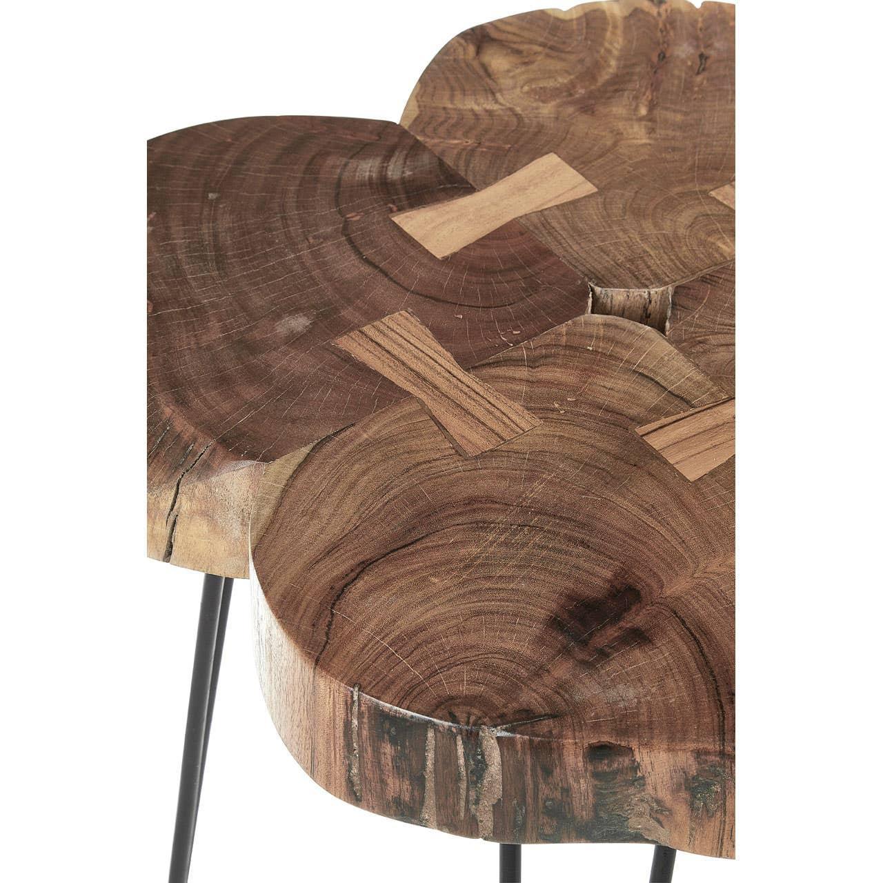 Live edge wood side table with natural grain and metal hairpin legs