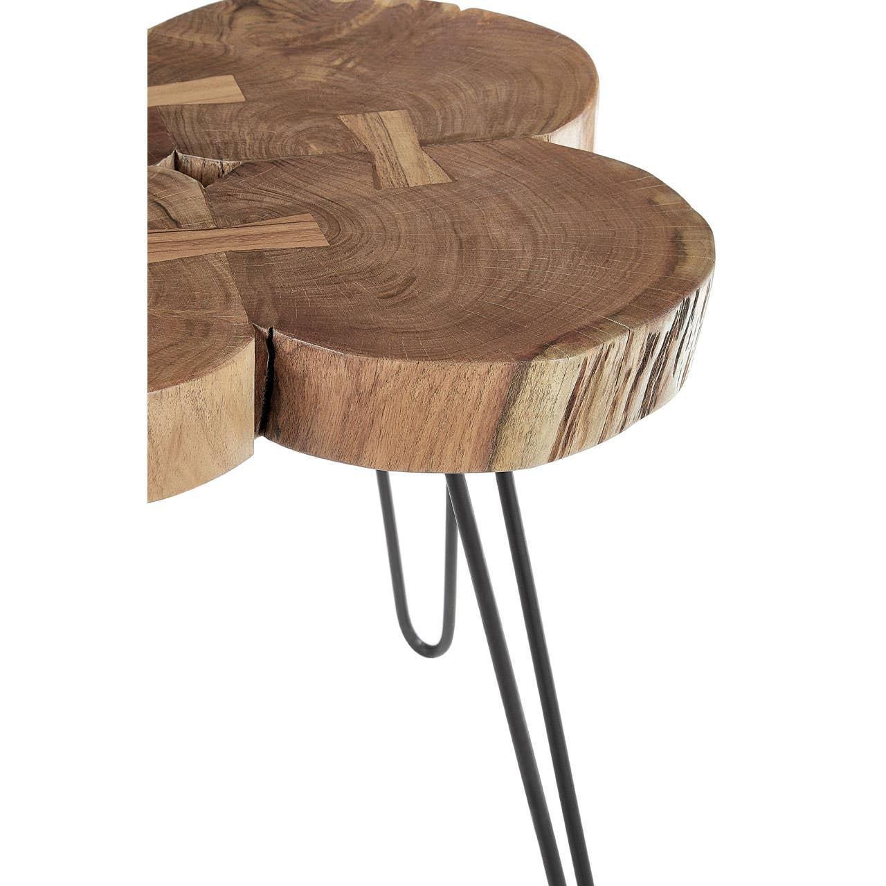Round acacia wood side table with natural edge and black metal hairpin legs