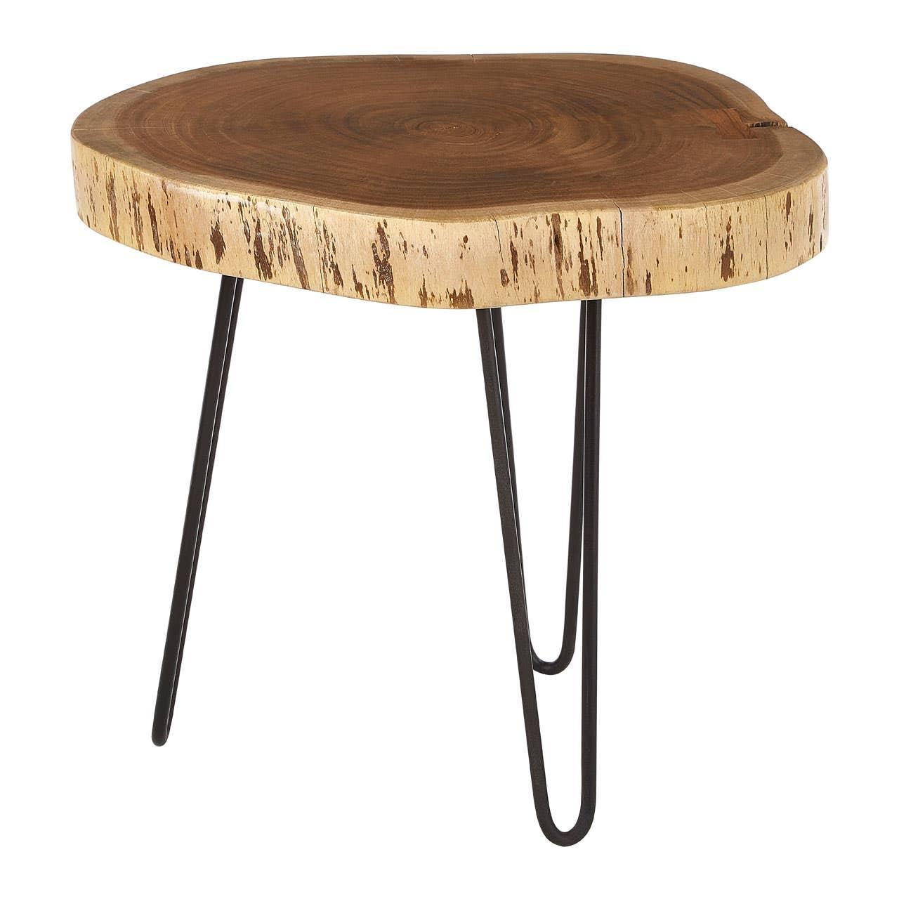 Solid wood side table with natural edge and metal hairpin legs