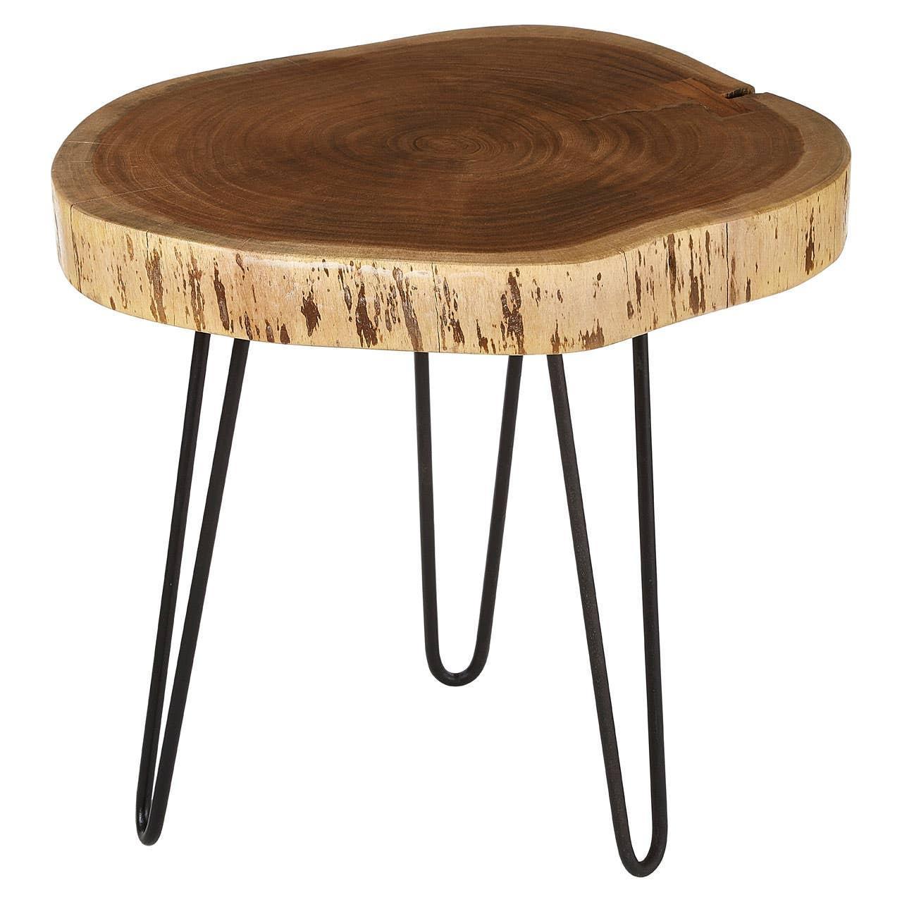 Live edge wooden side table with natural finish and metal hairpin legs
